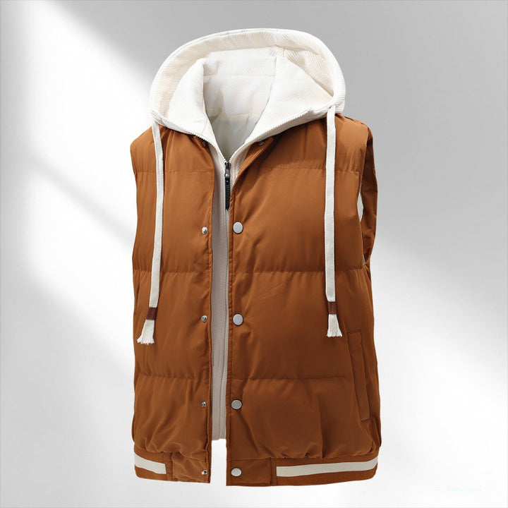 Herren gesteppte Kapuzenweste mit integriertem Hoodie-Layer, Druckknopfleiste und sportivem Geripptsaum Drune