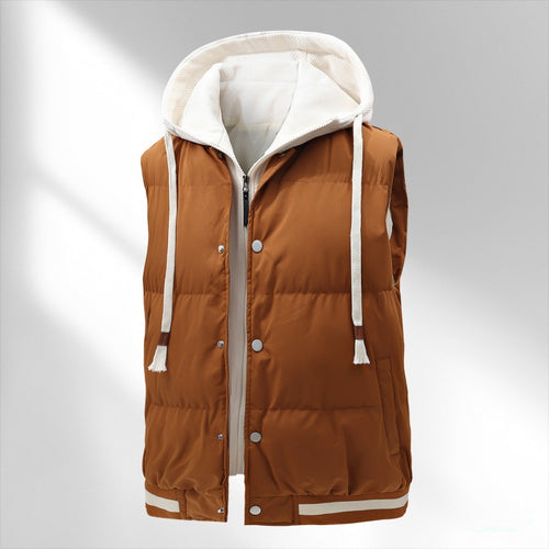 Herren gesteppte Kapuzenweste mit integriertem Hoodie-Layer, Druckknopfleiste und sportivem Geripptsaum Drune