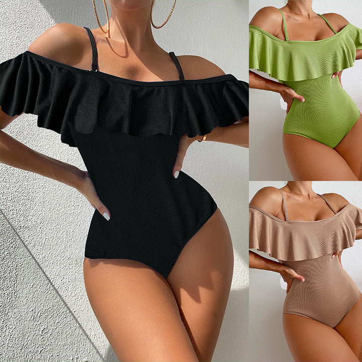 Damen eleganter einteiliger Badeanzug mit Rüschendetails Drune