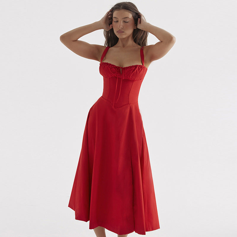 Damen Elegantes Langarm-Maxikleid mit gerafftem Oberteil und A-Linien-Silhouette Drune