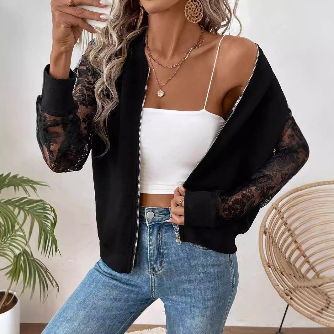 Damen nan leichte Bomberjacke mit floralen Spitzenärmeln und Reißverschluss Drune