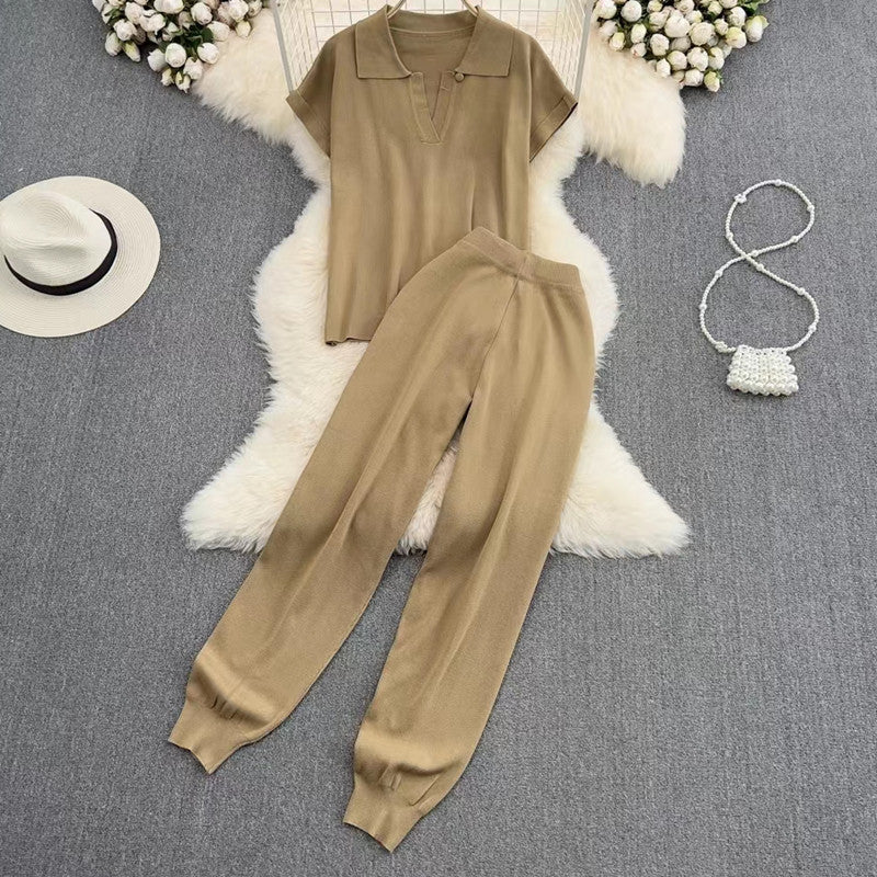 Damen elegantes Lounge-Set mit kurzärmligem Polo und weiten Hosen Drune