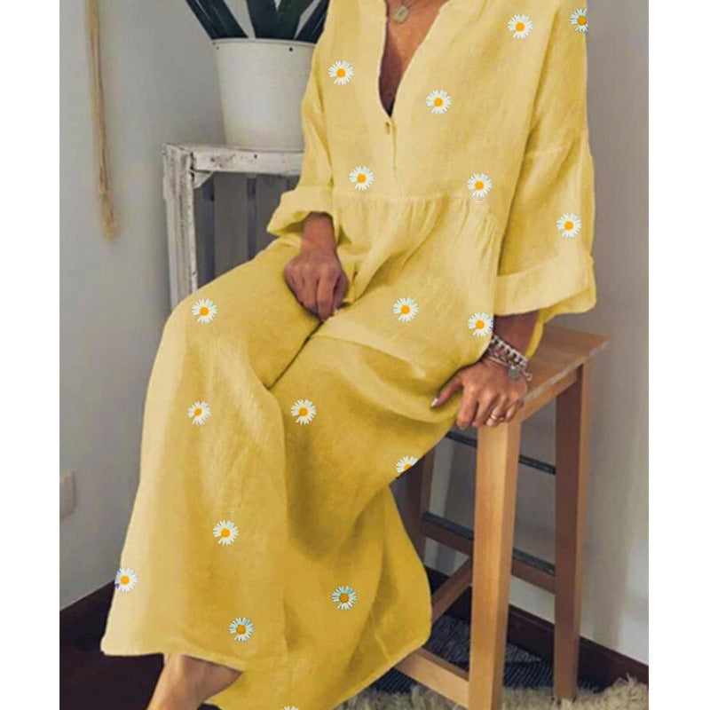 Damen Langes Leinenoptik Maxikleid mit tiefem V‑Ausschnitt, lockerer Empire‑Taillierung und Margeritenprint Drune