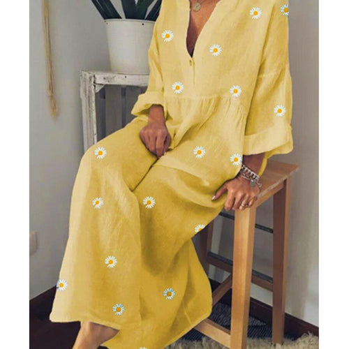 Damen Langes Leinenoptik Maxikleid mit tiefem V‑Ausschnitt, lockerer Empire‑Taillierung und Margeritenprint Drune