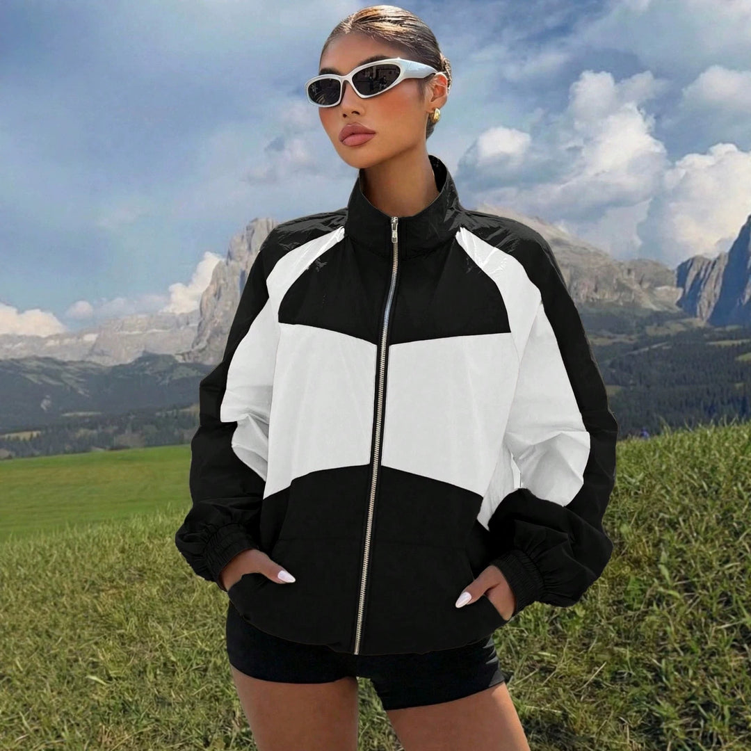 Damen Leichte Windbreaker-Jacke mit Stehkragen, Farbblock-Design und elastischen Bündchen Drune