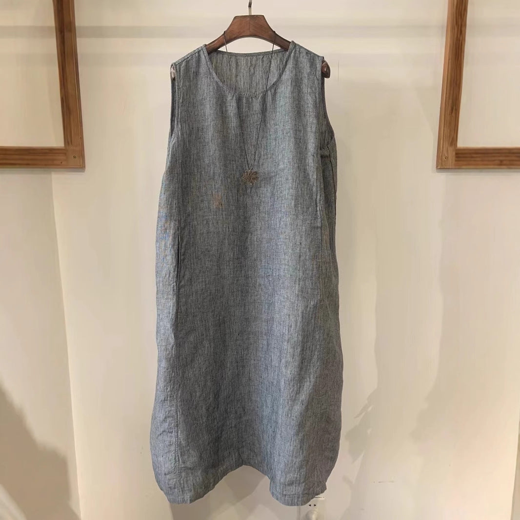 Damen Ärmelloses Leinen Shift Kleid Drune
