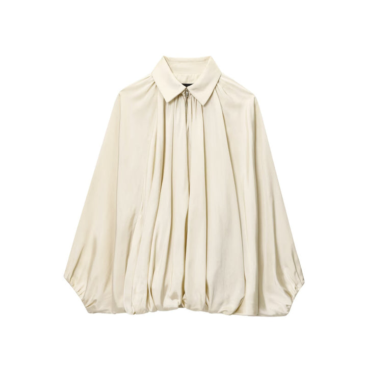 Damen Weite plissierte Hemdblusen-Jacke mit Hemdkragen, Reißverschluss und ballonförmigem Saum Drune