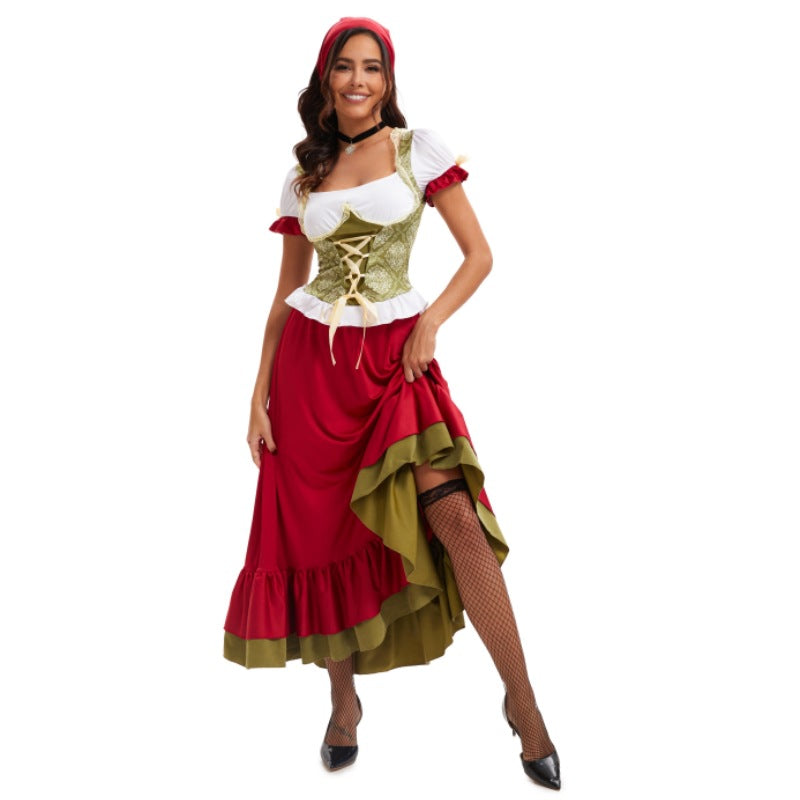 Damen nan kurzes Trachtenkleid im Dirndlstil mit floraler Spitzen-Schürze, geschnürter Miederfront und geraffter Carmenbluse Drune
