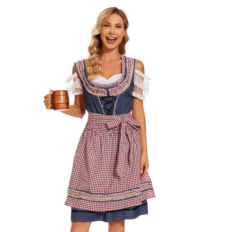 Damen nan traditionelles Dirndlkleid mit kariertem Schürzenrock, Schnürung und Spitzenärmeln Drune