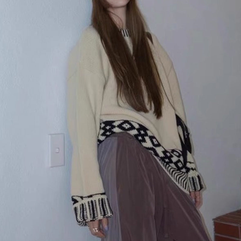 Damen gestrickter Oversize-Pullover mit auffälligem Muster Drune