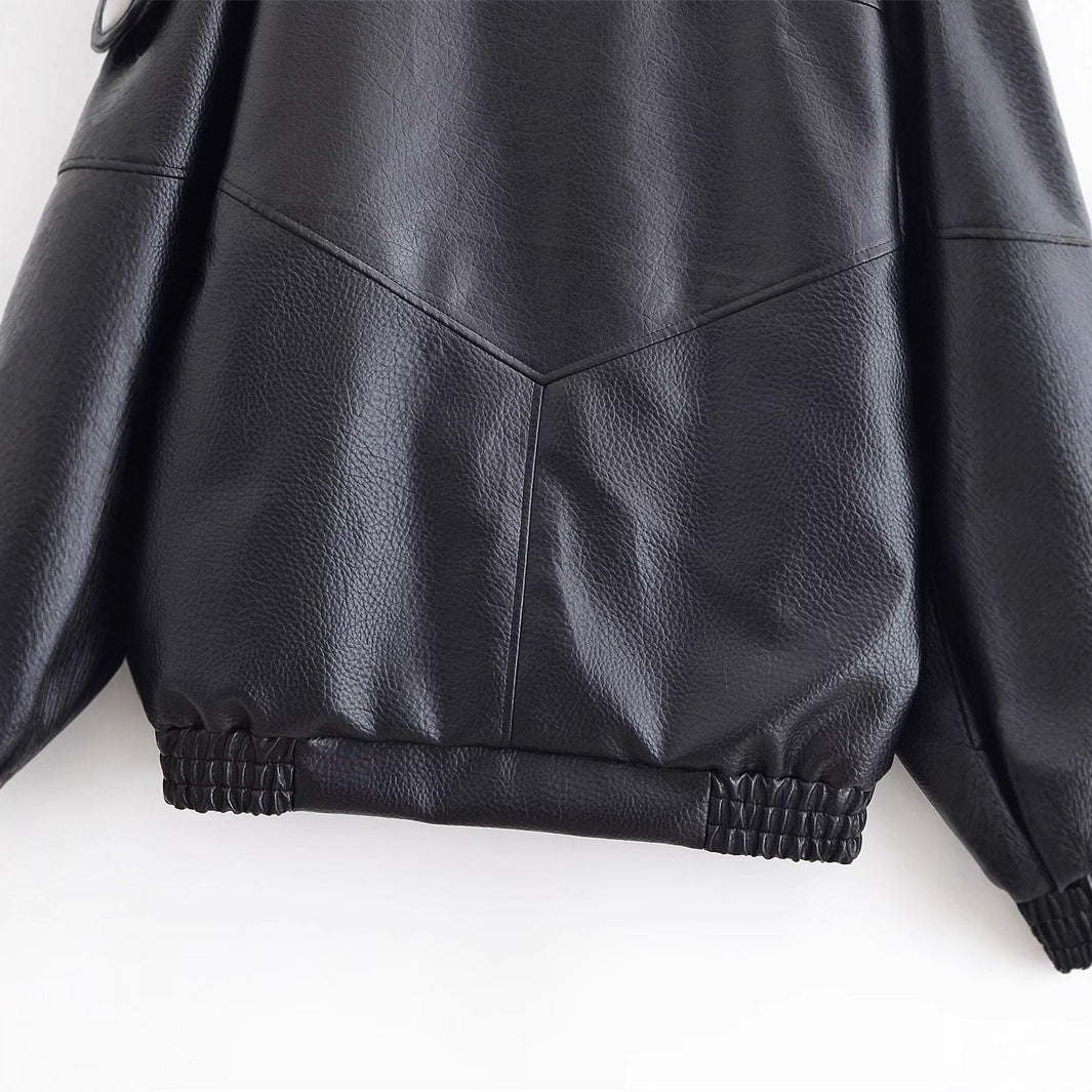 Damen Lederjacke mit hohem Stehkragen und asymmetrischer Druckknopfleiste Drune