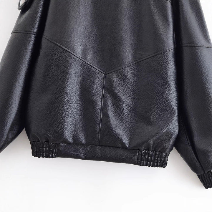 Damen Lederjacke mit hohem Stehkragen und asymmetrischer Druckknopfleiste Drune