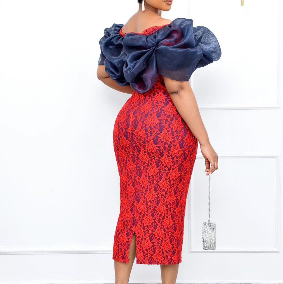Damen Cocktailkleid mit luxuriösen Puffärmeln und floralen Applikationen Drune