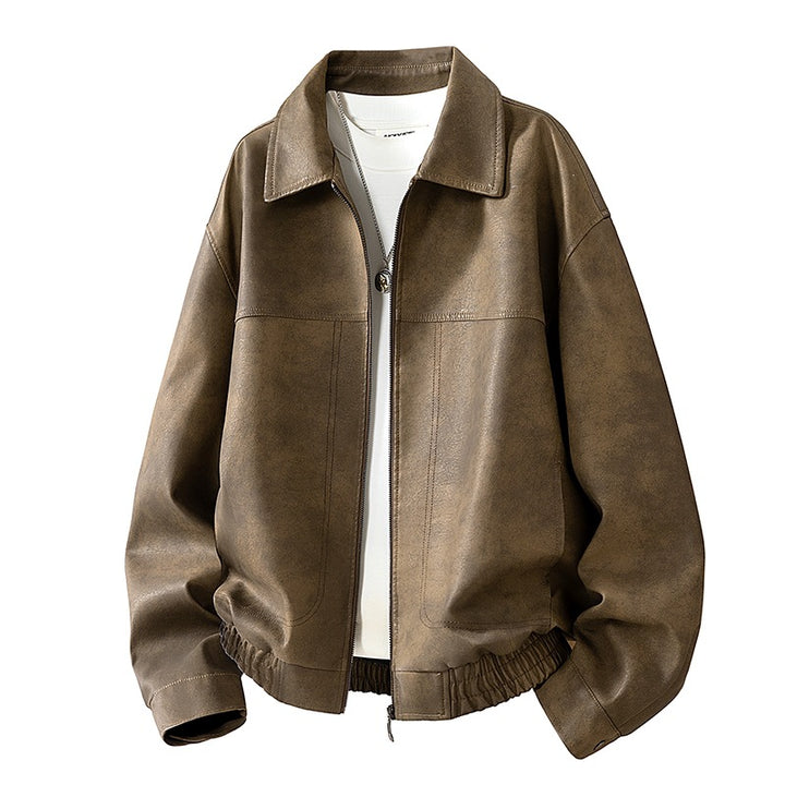 Herren Oversize Utility-Bomberjacke aus Kunstleder mit geripptem Saum und Hemdkragen Drune