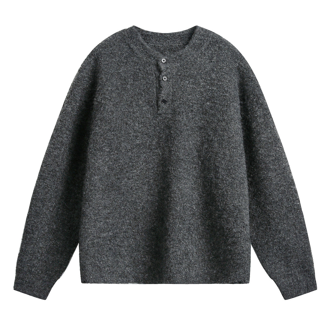 Unisex Grobgestrickter Henley-Pullover mit Rundhalsausschnitt und Knopfleiste Drune