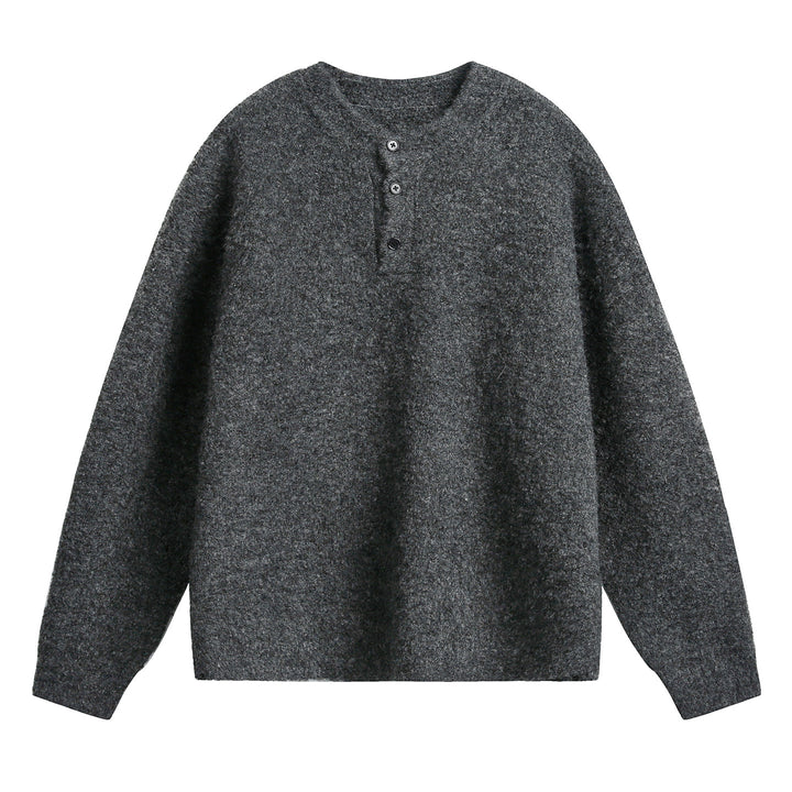 Unisex Grobgestrickter Henley-Pullover mit Rundhalsausschnitt und Knopfleiste Drune