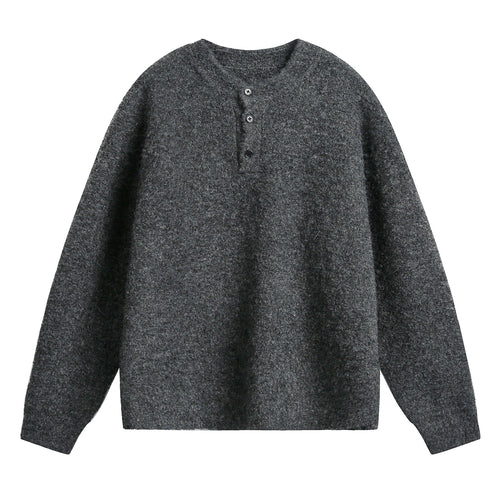 Unisex Grobgestrickter Henley-Pullover mit Rundhalsausschnitt und Knopfleiste Drune
