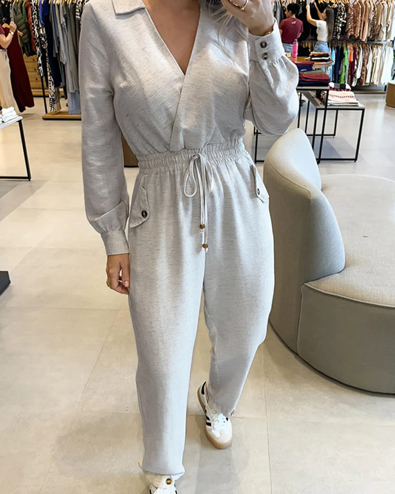Damen Lässiger Jersey-Overall mit Wickelkragen, Kordel-Taille und aufgesetzten Knopf-Taschen Drune