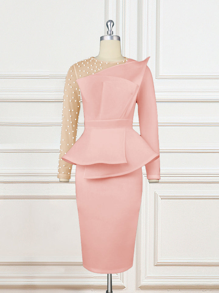 Damen Etuikleid mit transparenten Puffärmeln und dekorativem Peplum Drune