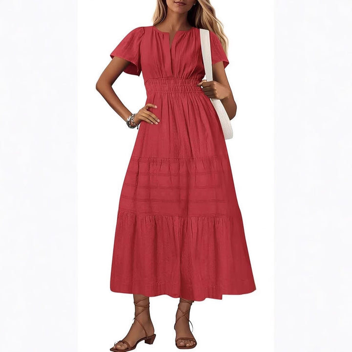 Damen langes Sommerkleid mit elastischem Taillenbund und raffiniertem Faltenwurf Drune
