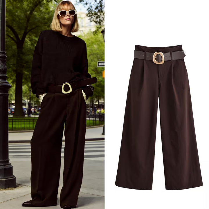 Damen Hochtaillierte Culotte-Palazzohose mit Bundfalten und breitem Ziergürtel Drune