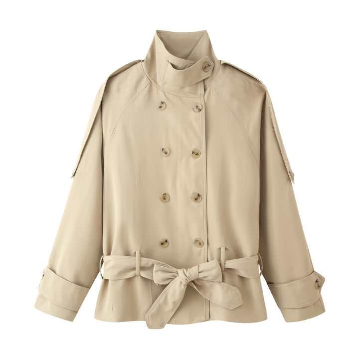 Damen Kurz-Trenchcoat mit Taillengürtel und Stehkragen Drune
