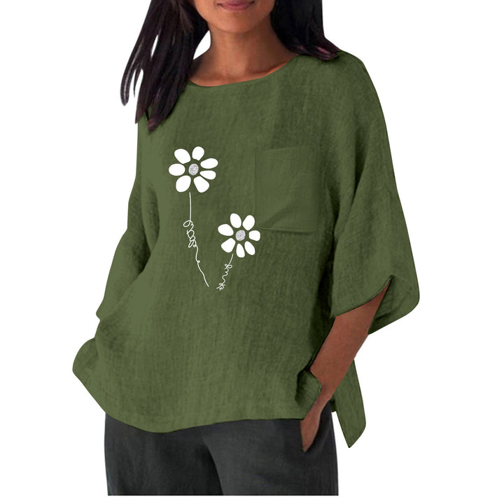 Damen lässiges Blusenshirt mit einzigartigem Blumenprint und praktischem Brusttaschen Drune