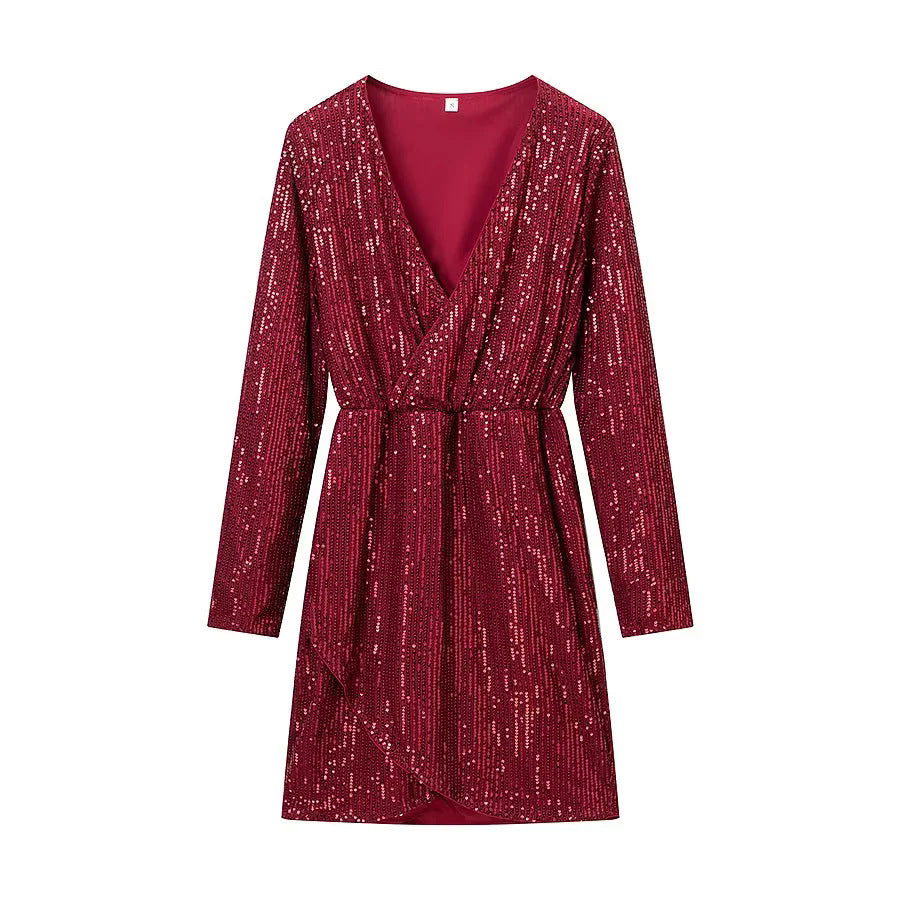 Damen nan Wickel-Minikleid mit Paillettenbesatz, tiefem V‑Ausschnitt und taillierendem Bindegürtel Drune