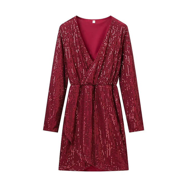 Damen nan Wickel-Minikleid mit Paillettenbesatz, tiefem V‑Ausschnitt und taillierendem Bindegürtel Drune