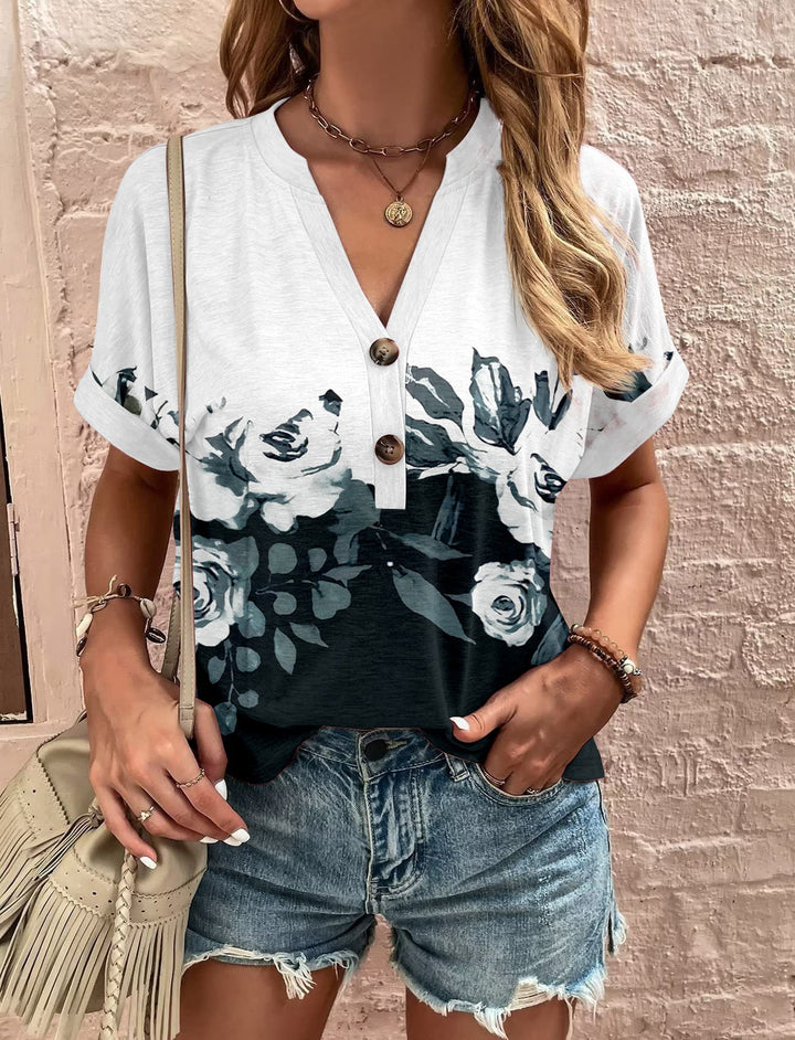 Damen Lässiges Kurzärmliges Blusenshirt mit Verspieltem Paisleymuster und Modernen Knopfdetails Drune
