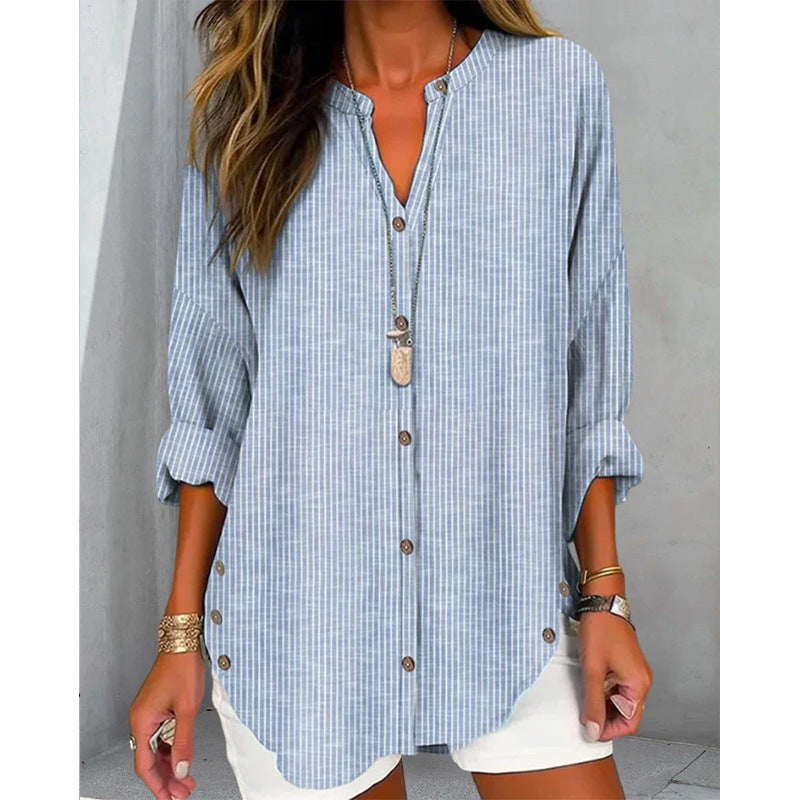 Damen Oversize Leinenlook Tunika Bluse mit Stehkragen und Knopfleiste Drune