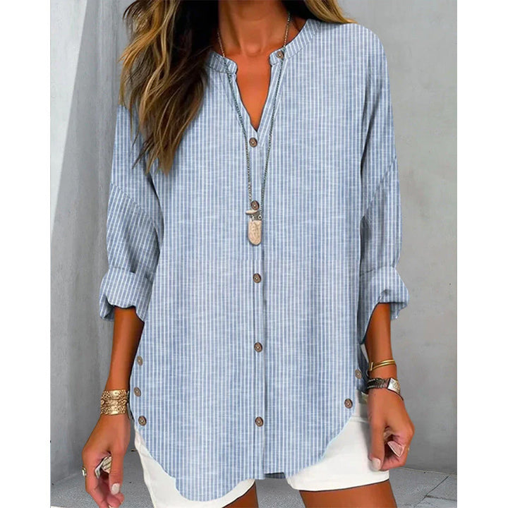 Damen Oversize Leinenlook Tunika Bluse mit Stehkragen und Knopfleiste Drune