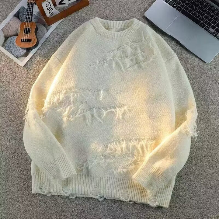 Unisex Oversized Rundhalspullover mit Destroy‑Fransen und geripptem Kragen Drune