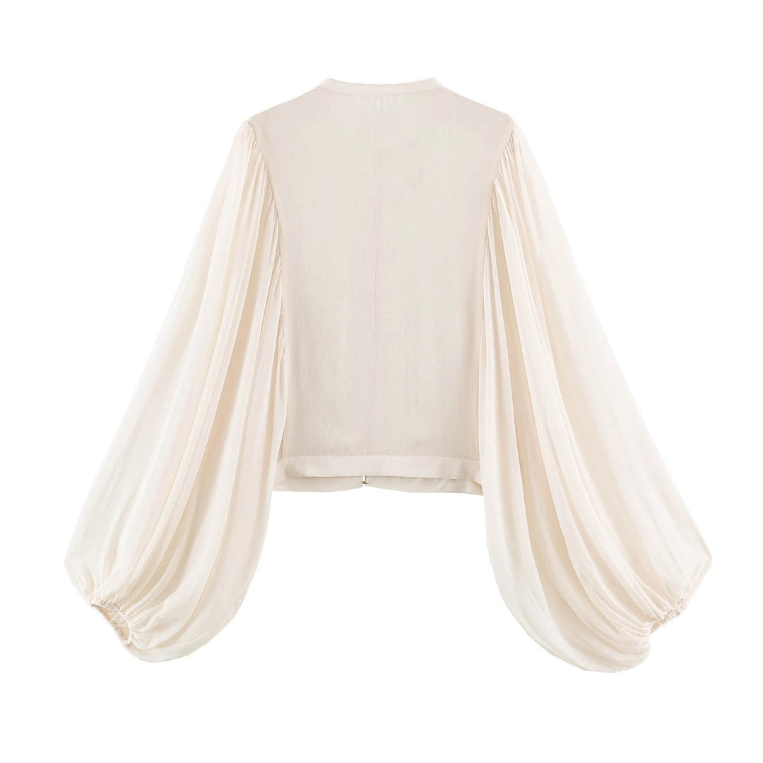 Damen Kurze Bluse‑Jacke mit dekorativer Kordelverzierung und voluminösen Plisseeärmeln Drune