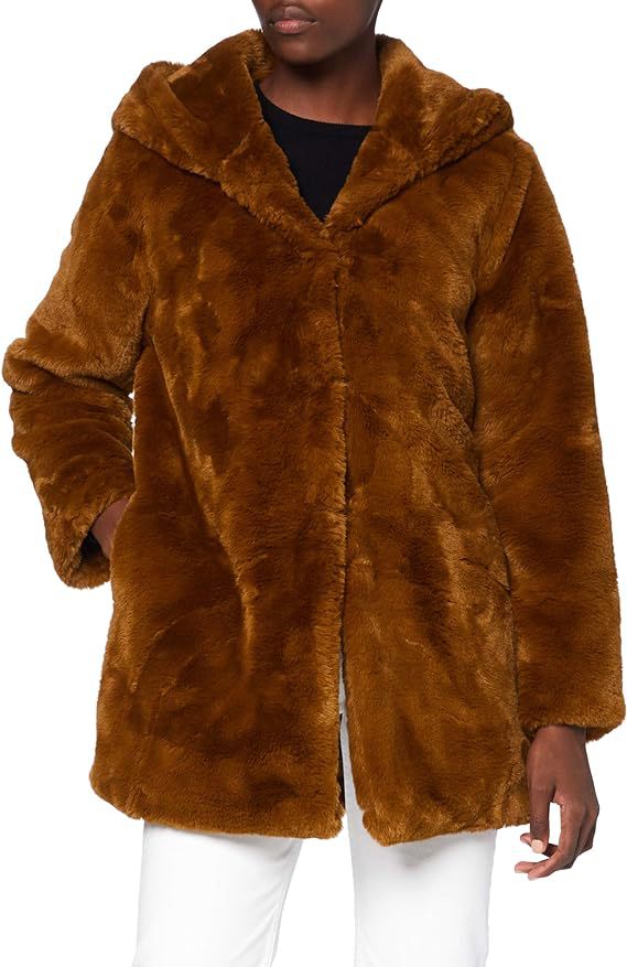 Damen Midilanger Kunstpelzmantel mit Kapuze, Teddy-Finish und verdeckter Knopfleiste Drune