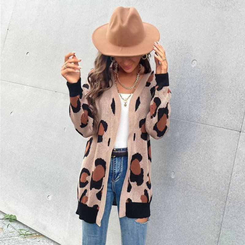Damen Longline Cardigan im Leo-Jacquard mit offener Front und Rippbündchen Drune