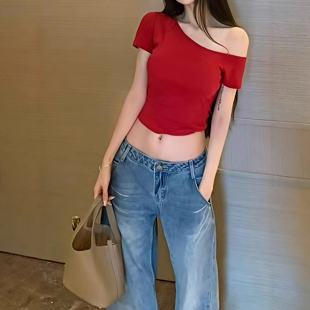 Damen lässiges Crop-Top im Off-Shoulder Stil Drune