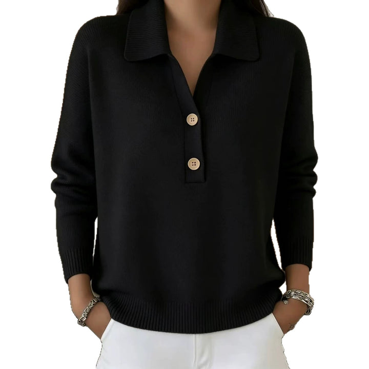 Damen lässiger Feinstrickpullover mit Polokragen und Zwei-Knopf-Leiste Drune