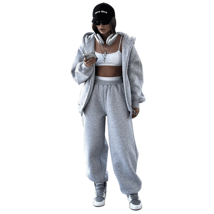 Damen Bequemes Fleece-Hausanzug-Set mit Hoodie und elastischem Bund Drune
