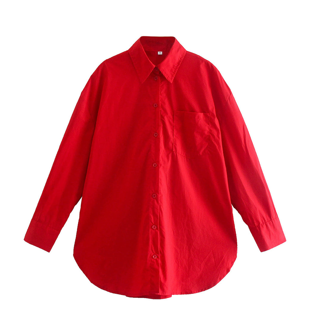 Damen Oversize-Hemdbluse mit rundem Saum, Brusttasche und überschnittenen Schultern Drune