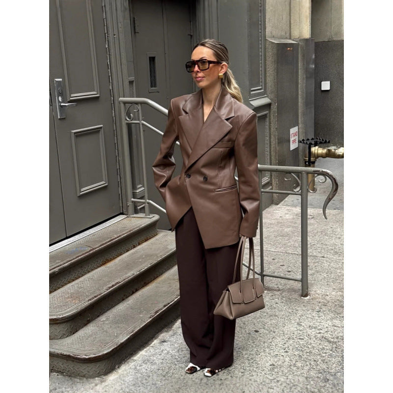 Damen Oversized Blazer aus hochwertigem Kunstleder mit doppelter Knopfverschluss Drune