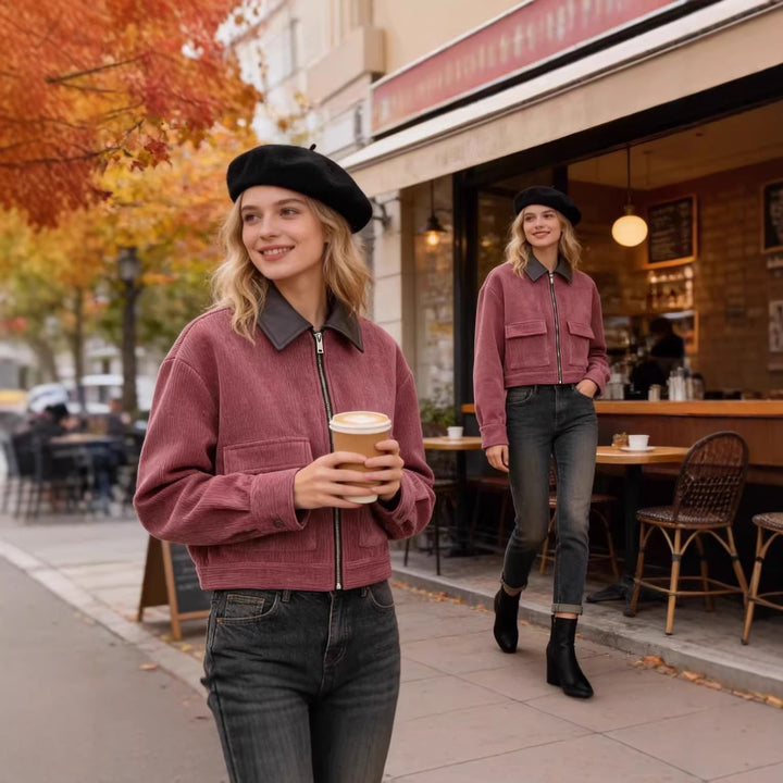 Damen Kurze Cordjacke im Blousonstil mit Lederkragen und aufgesetzten Klappentaschen Drune