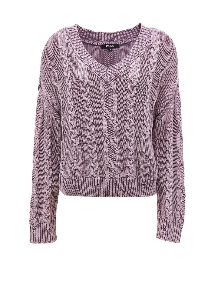 Damen Grobstrickpullover mit tiefem V-Ausschnitt und Zopfmuster Drune