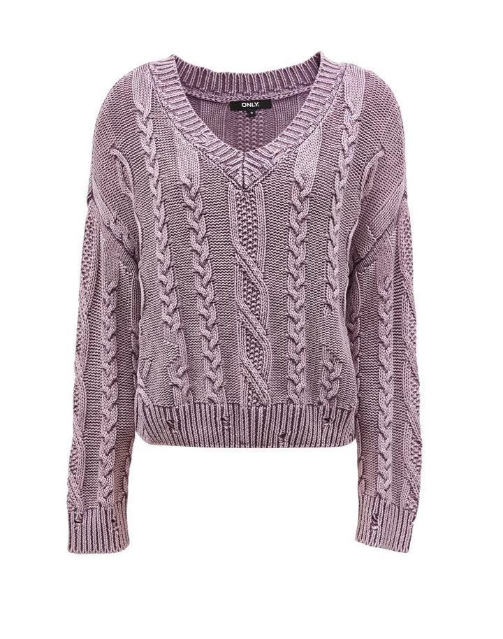 Damen Grobstrickpullover mit tiefem V-Ausschnitt und Zopfmuster Drune