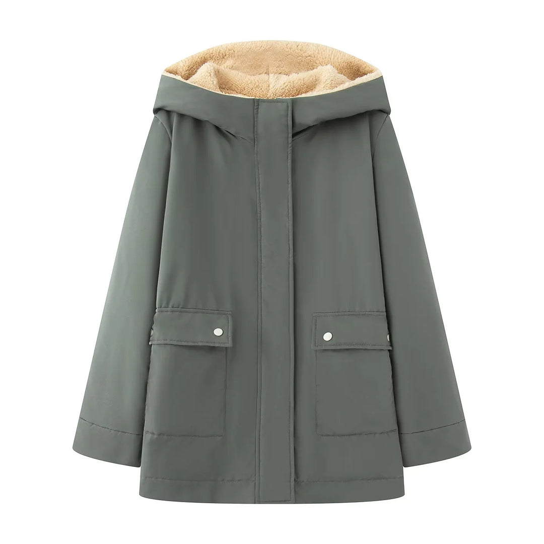 Damen nan gefütterte Kapuzenparka mit Teddyfutter, verdeckter Reißverschluss und großen Pattentaschen Drune