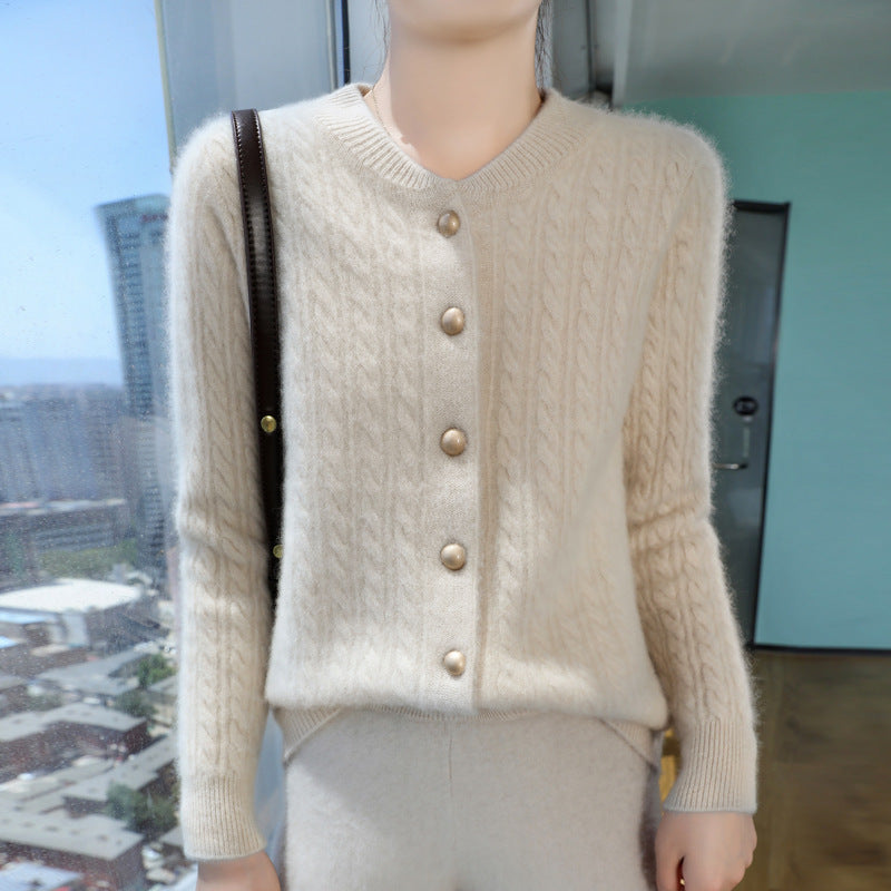 Damen Leichter Zopfstrick-Cardigan in Mohair‑Optik mit dekorativen Perlmuttknöpfen Drune