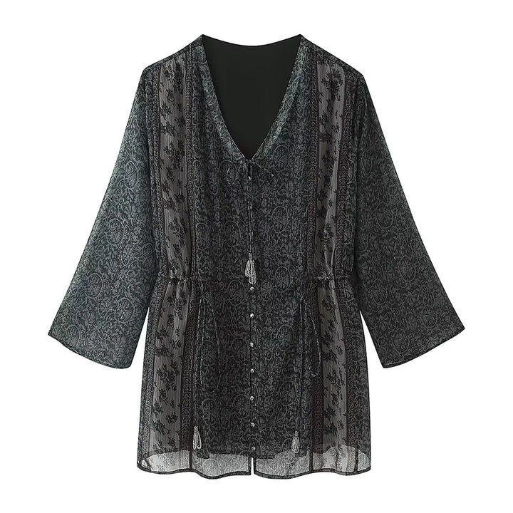 Damen nan transparente Paisley-Chiffon-Tunika mit V-Ausschnitt, Kordelzug und Perlendetail Drune
