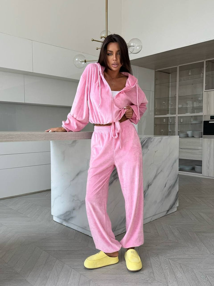 Damen weiches Velours Lounge-Set mit Kapuzenjacke, Reißverschluss und weiten Komforthosen Drune