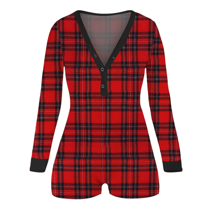 Damen Karierter Longsleeve-Body mit praktischer Rückenöffnung & Druckknopf-Slip Drune