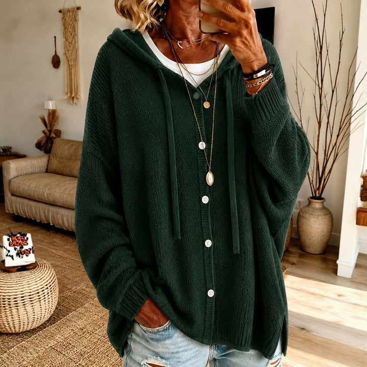 Damen Kapuzen-Cardigan aus strukturiertem Feinstrick mit Knopfleiste Drune